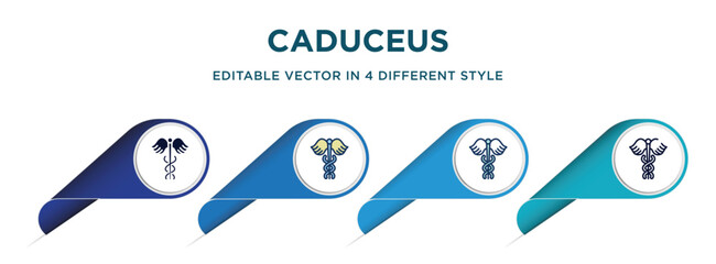 Poster - caduceus icon in 4 different styles such as filled, color, glyph, colorful, lineal color. set of vector for web, mobile, ui