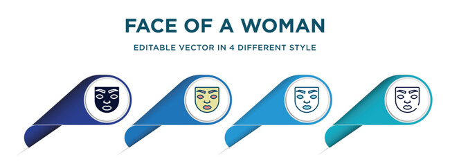 Poster - face of a woman icon in 4 different styles such as filled, color, glyph, colorful, lineal color. set of vector for web, mobile, ui