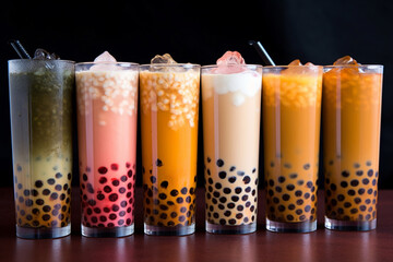 Wall Mural - Different Flavored Variations of Bubble Boba Tea, a row of different colored drinks on top of a table, Generative AI