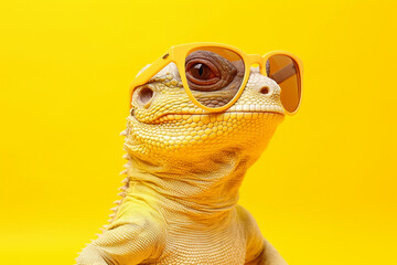 Lizard Iguana with Sunglasses in front of a yellow background, Generative AI