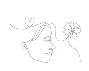 Wall Mural - Continuous line art of a happy woman with a flower and heart shape symbol, lineart vector illustration.