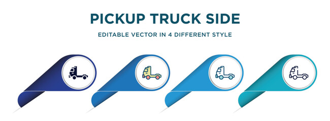 pickup truck side view icon in 4 different styles such as filled, color, glyph, colorful, lineal color. set of vector for web, mobile, ui