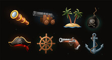 Vector Cartoon Style 3d Icons. Pirate Concept. Binocular, Gun Machine, Palms, Bomb, Pirate Hat, Ship Wheel, Gun, Ancor.