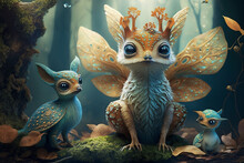 Enchanting Fantasy Creatures In A Whimsical Forest, Ideal For Children's Books And Imaginative Projects.High Detail. Imagination, Award Winning Photography.