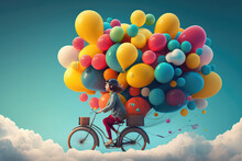 Digital 3d Rendering Of Woman With Colorful Balloons Riding Bike In The The Sky,illustration Painting (ai Generated)