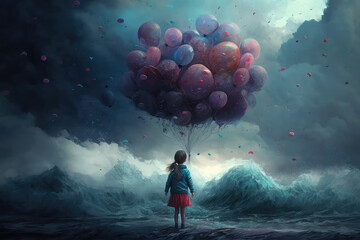 Wall Mural - digital illustration painting of a girl looking balloons standing in front of fantasy storm, sea. (ai generated)