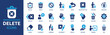 Delete icon set. Containing trash, delete button, cancel, undo, throw and remove icons. Solid icon collection. Vector illustration.