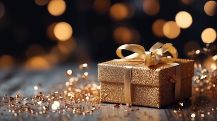 Beautiful Christmas gift boxes. Christmas and New Year surprise gift box. night bright shiny lights blurred golden bokeh. generative ai