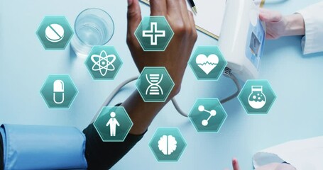 Aufkleber - Animation of medical icons over caucasian female doctor with pressure meter