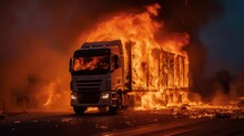 A Semi-truck Burns Out Of Control On The Highway. Generative AI