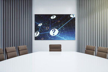 Aufkleber - Creative concept of question mark illustration on presentation screen in a modern conference room. FAQ and search concept. 3D Rendering