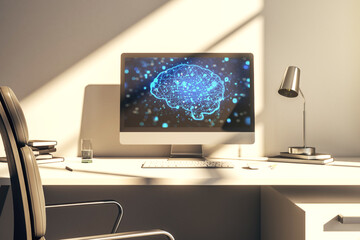 Aufkleber - Creative artificial Intelligence concept with human brain hologram on modern laptop screen. 3D Rendering