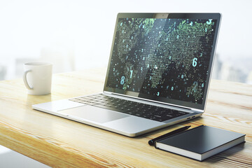 Fototapete - Modern computer screen with abstract graphic coding sketch and world map, big data and networking concept. 3D Rendering