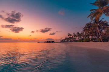 Paradise island palm trees sea sand beach. Panoramic beach travel landscape. Inspire tropical beach seascape horizon. Orange golden sunset sky calm tranquil relaxing summer vacation. Exotic holiday