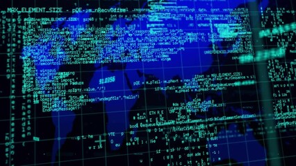 Poster - Animation of data processing over grid network against world map on black background