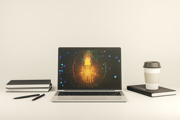 Aufkleber - Creative idea concept with light bulb and microcircuit illustration on modern laptop screen. Neural networks and machine learning concept. 3D Rendering