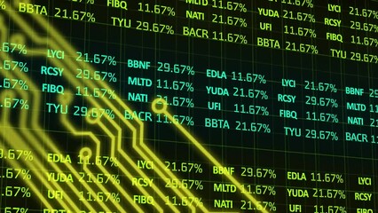 Sticker - Animation of microprocesssor connections and stock market data processing against black background