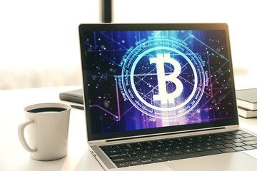 Poster - Modern computer display with creative Bitcoin symbol hologram. Mining and blockchain concept. 3D Rendering