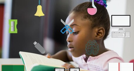 Poster - Animation of school icons over african american girl reading