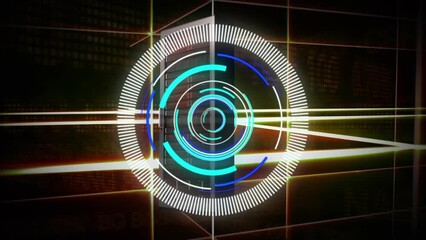 Poster - Animation of neon round scanner and glowing yellow connecting lines against black background