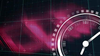 Poster - Animation of ticking clock icon over grid network against pink light trails on black background