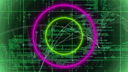 Poster - Animation of neon circular shapes in seamless pattern over data processing and molecular structures
