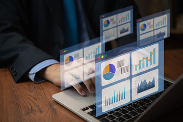 person using computer big data analysis dashboard on virtual screen. Business graph and chart report financial and information marketing plan strategy success concept.