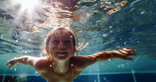 Happy Kid Have Fun In Swimming Pool. Swimming Under Water, Funny Child Swim, Dive In Pool Jump Deep Down Underwater From Poolside. Healthy Lifestyle, People Water Sport Activity, Swimming 
