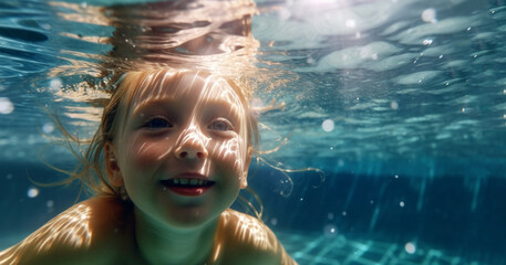 Happy kid have fun in swimming pool. swimming under water, Funny child swim, dive in pool jump deep down underwater from poolside. Healthy lifestyle, people water sport activity, swimming 