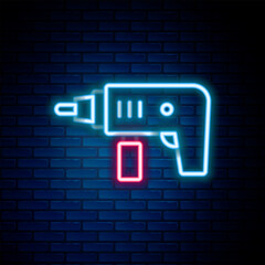 Wall Mural - Glowing neon line Electric drill machine icon isolated on brick wall background. Repair tool. Colorful outline concept. Vector