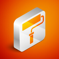 Sticker - Isometric Paint roller brush icon isolated on orange background. Silver square button. Vector