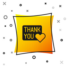 Poster - Black Thank you with heart icon isolated on white background. Handwritten lettering. Yellow square button. Vector