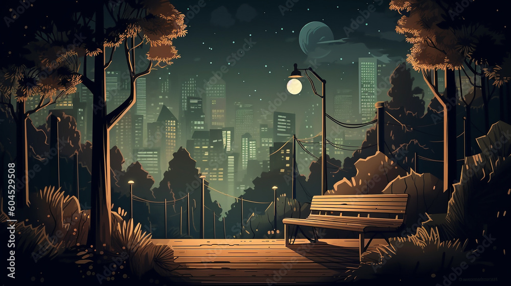 Vector illustration of bench and street light in city park at night ...
