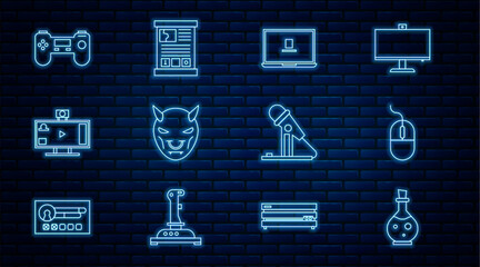 Poster - set line bottle with magic elixir, computer mouse, laptop, mask of the devil horns, live streaming o