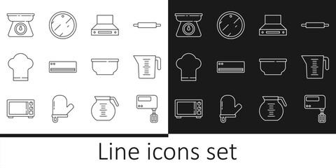 Poster - Set line Electric mixer, Measuring cup, Kitchen extractor fan, Air conditioner, Chef hat, Scales, Bowl and Cutting board icon. Vector