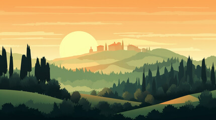 Wall Mural - Vector illustration of Italian countryside background. Generative AI image