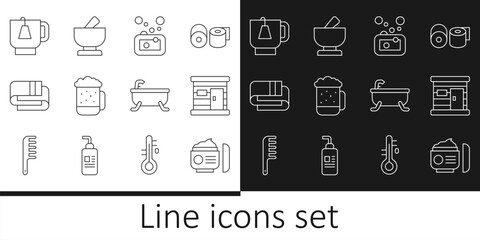 Sticker - Set line Cream or lotion cosmetic tube, Sauna wooden bathhouse, Bar of soap, Wooden beer mug, Towel stack, Cup tea with tea bag, Bathtub and Mortar and pestle icon. Vector