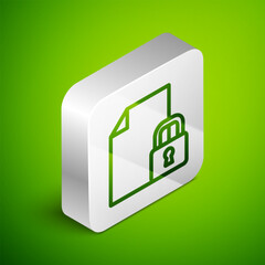 Wall Mural - Isometric line Document and lock icon isolated on green background. File format and padlock. Security, safety, protection concept. Silver square button. Vector