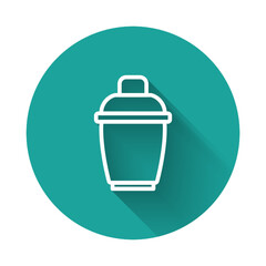 Sticker - White line Cocktail shaker icon isolated with long shadow background. Green circle button. Vector