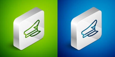 Sticker - Isometric line Pilot hat icon isolated on green and blue background. Silver square button. Vector