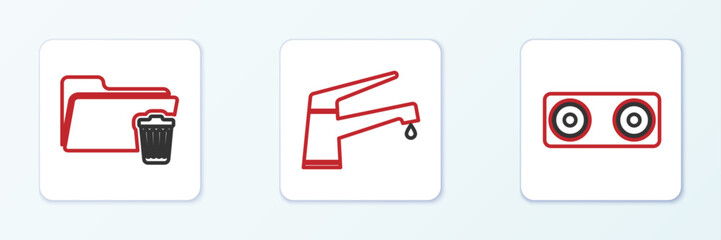 Poster - set line stereo speaker, delete folder and water tap icon. vector
