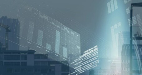 Poster - Animation of interface with data processing and blue light spot against aerial view of cityscape