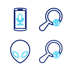 Sticker - Set line Unknown search, Alien, Search location and Mobile recording icon. Vector