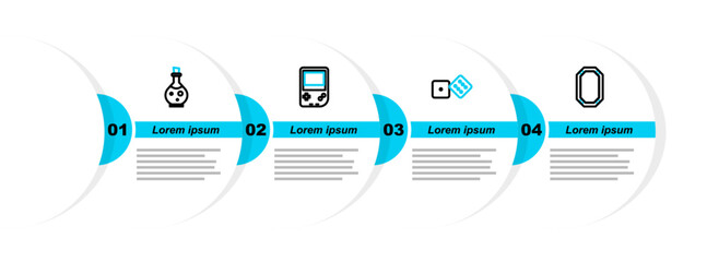 Poster - Set line Poker table, Game dice, Portable video game console and Bottle with magic elixir icon. Vector