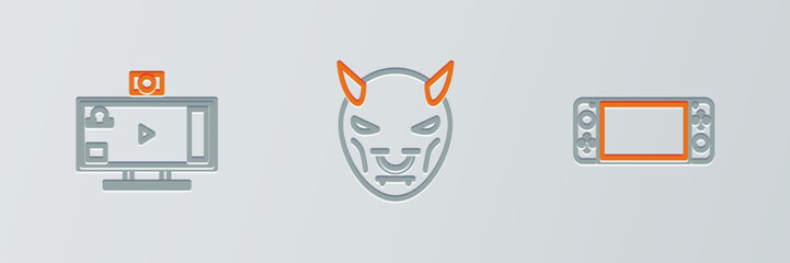 Poster - Set line Portable video game console, Live streaming online and Mask of the devil with horns icon. Vector