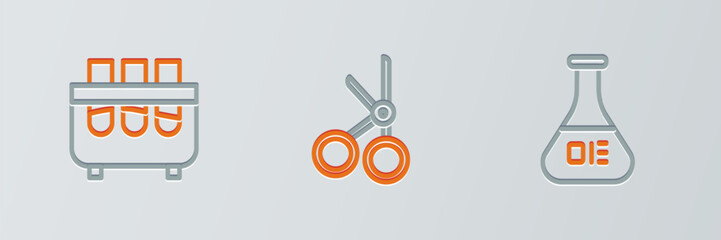 Poster - Set line Test tube and flask, and Medical scissors icon. Vector