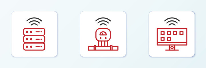 Poster - Set line Smart Tv system, server and sensor icon. Vector