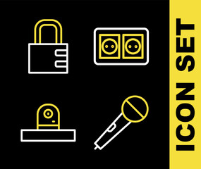 Sticker - Set line Electrical outlet, Microphone, Security camera and Safe combination lock icon. Vector