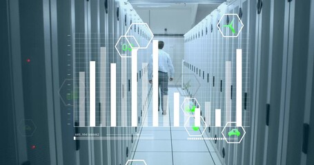 Poster - Animation of statistical data processing against rear view of male engineer walking in server room