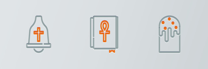 Poster - Set line Easter cake, Church bell and Cross ankh book icon. Vector